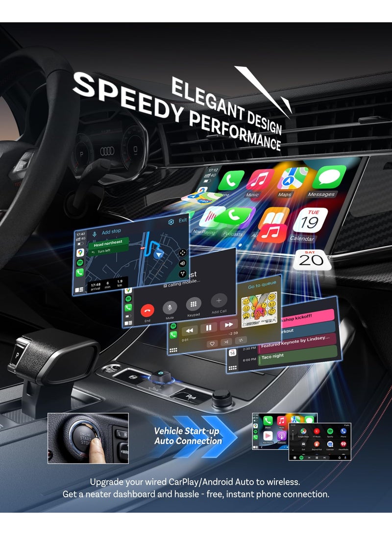 أوتوكاست محول صغير جدًا لاسلكي لـ CarPlay وAndroid Auto 2026، جهاز لاسلكي 2 في 1، نظام ذكي للسيارة بتقنية الذكاء الاصطناعي مع CarPlay USB، سهل التوصيل والتشغيل، اتصال تلقائي سريع، اتصال بلوتوث 5.3 وواي فاي تلقائي - Image 2